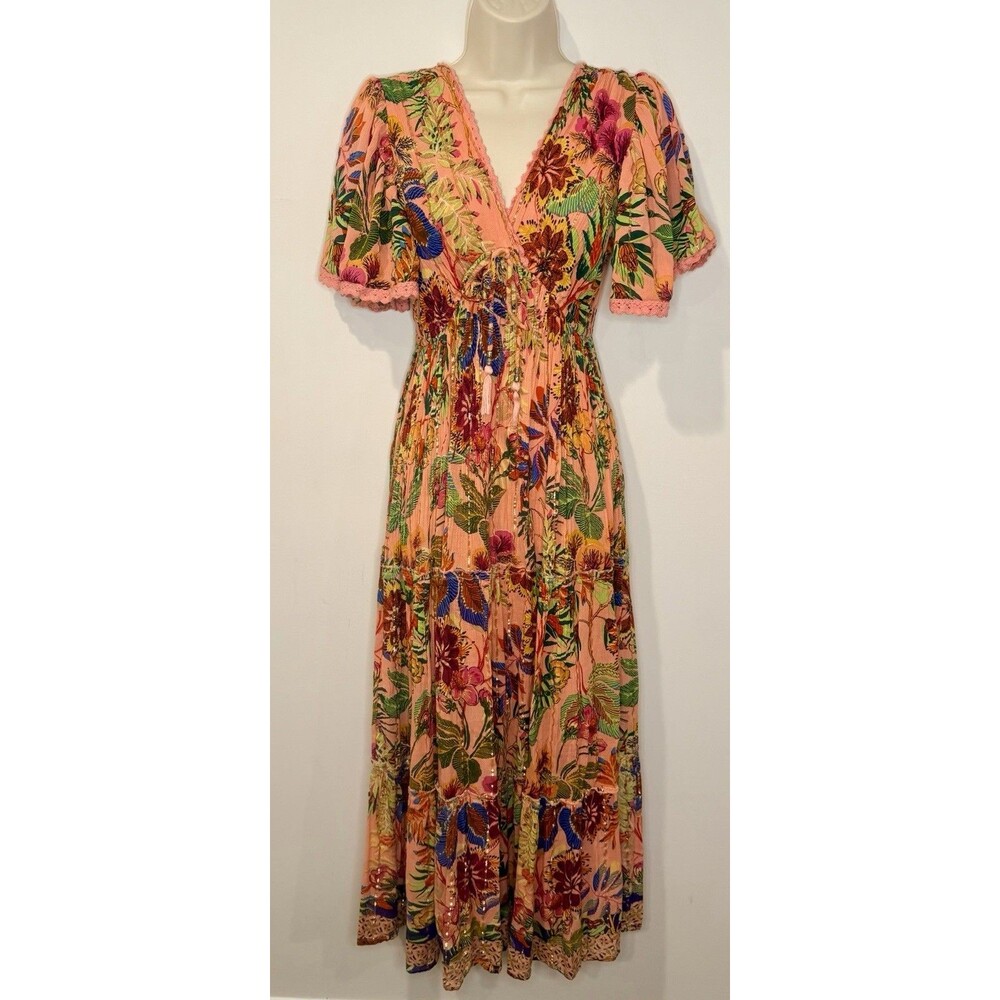 Me 2 Magic Anthropologie Boho Floral Metallic V Neck Tiered Maxi Dress Sz M EUC!